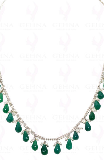 Pearls & Green Onyx Gemstone Drops Knotted Necklace In Silver Chain NM-1087