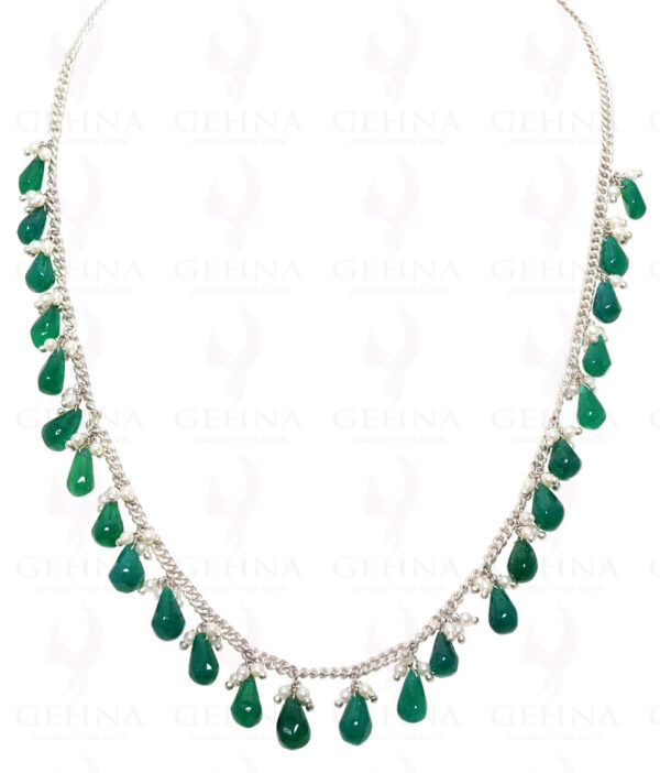 Pearls & Green Onyx Gemstone Drops Knotted Necklace In Silver Chain NM-1087