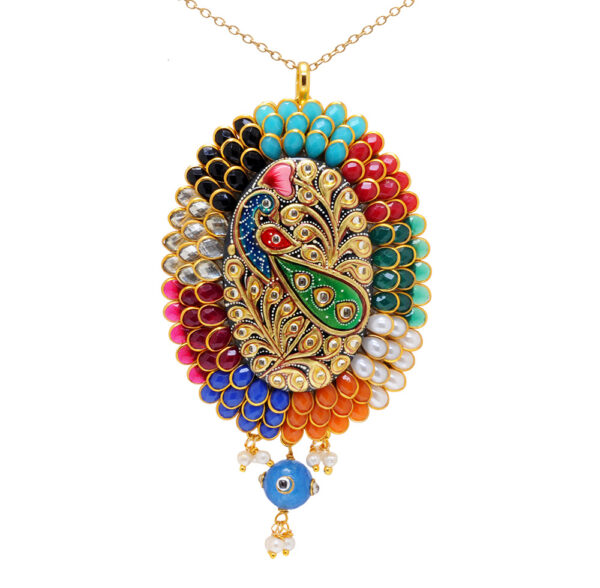 Multi Colorstone Studded Pacchi Work Pendant & Earring Set FP-1087