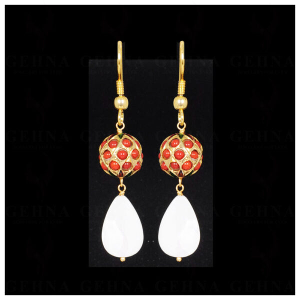 Mother Of Pearl Bead With Coral Studded Jadau Ball Earrings LE01-1087