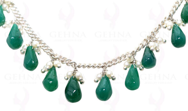 Pearls & Green Onyx Gemstone Drops Knotted Necklace In Silver Chain NM-1087