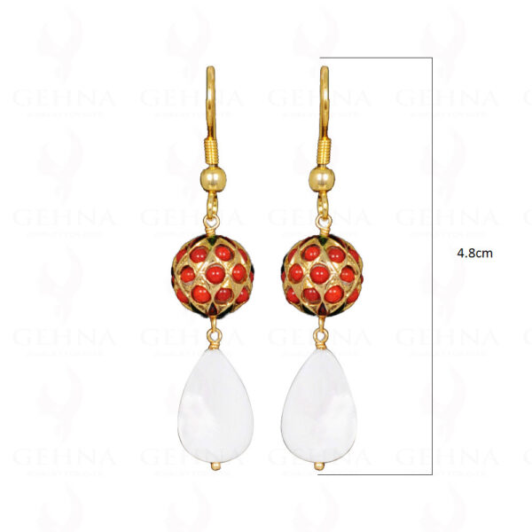 Mother Of Pearl Bead With Coral Studded Jadau Ball Earrings LE01-1087