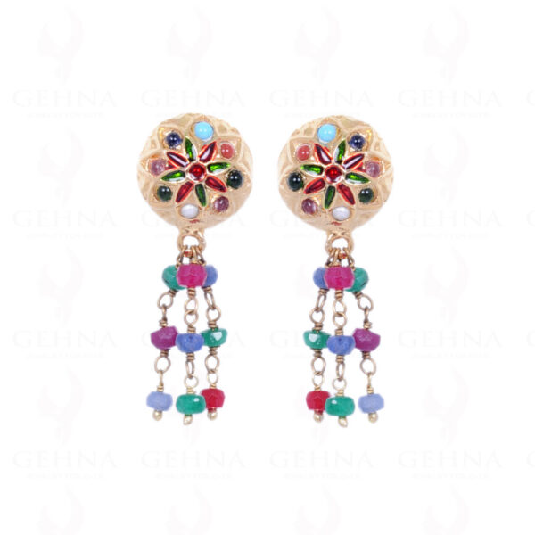 Emerald, Ruby & Blue Sapphire Faceted Bead Earrings With Enamel Work LE01-1088