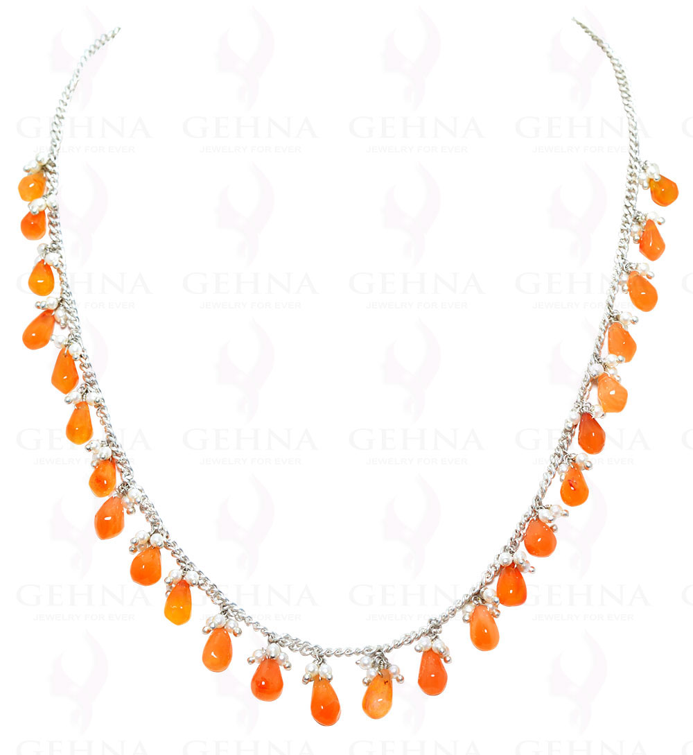 Pearls & Carnelian Gemstone Drops Knotted Necklace In Silver Chain NM-1088