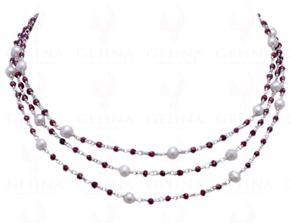 Pearl & Garnet Gemstone Necklace Knotted In Chain In.925 Silver Cm1088