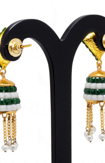 Moon, Pearl & Emerald Color Studded Jhumki Earrings FE-1088
