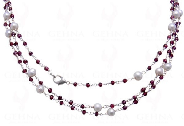 Pearl & Garnet Gemstone Necklace Knotted In Chain In.925 Silver Cm1088