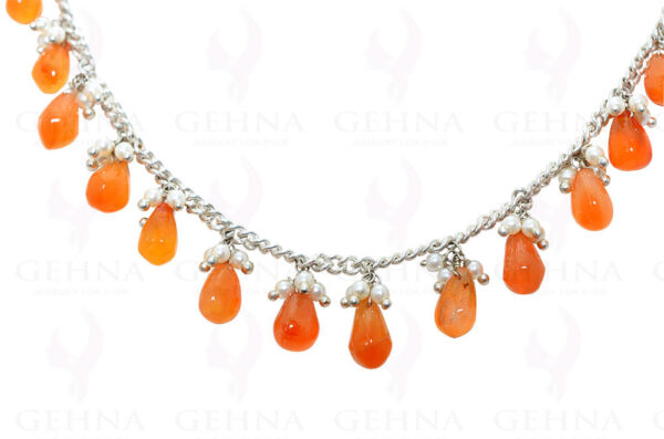 Pearls & Carnelian Gemstone Drops Knotted Necklace In Silver Chain NM-1088