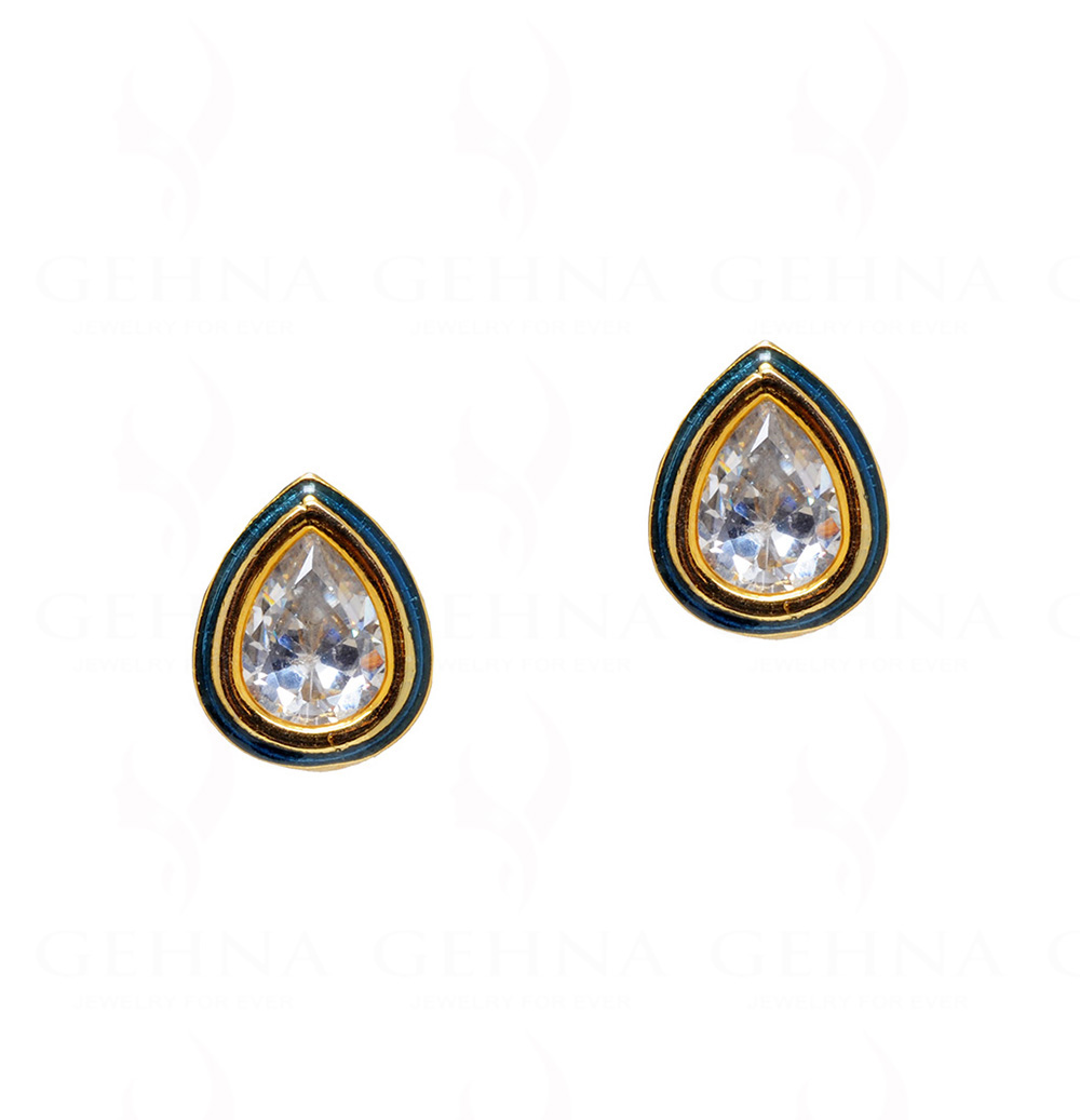 White Topaz Studded Pear Shape Tops Earring With Blue Enamel Work FE-1089