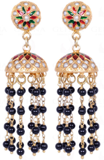 Black Spinel Gemstone Bead With Pearl Studded Jhumki Style Earrings LE01-1089