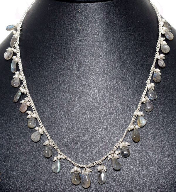 Pearls & Labradorite Gemstone Almond Shape Drops Knotted In Silver Chain NM-1089