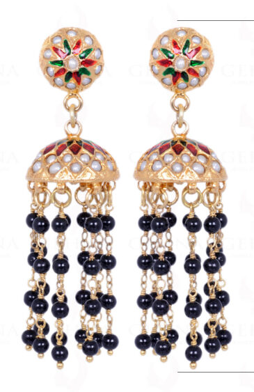 Black Spinel Gemstone Bead With Pearl Studded Jhumki Style Earrings LE01-1089