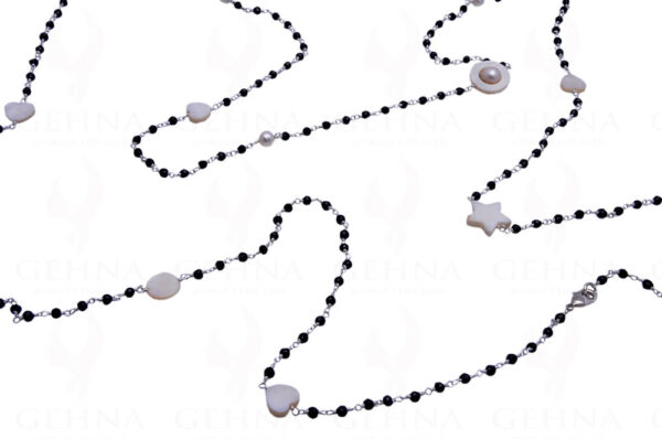 Pearl & Black Spinel Gemstone Necklace Knotted In Chain In.925 Silver Cm1089