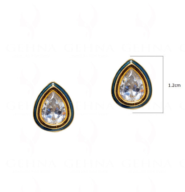 White Topaz Studded Pear Shape Tops Earring With Blue Enamel Work FE-1089