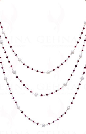 Pearl & Garnet Gemstone Necklace Knotted In Chain In.925 Silver Cm1090