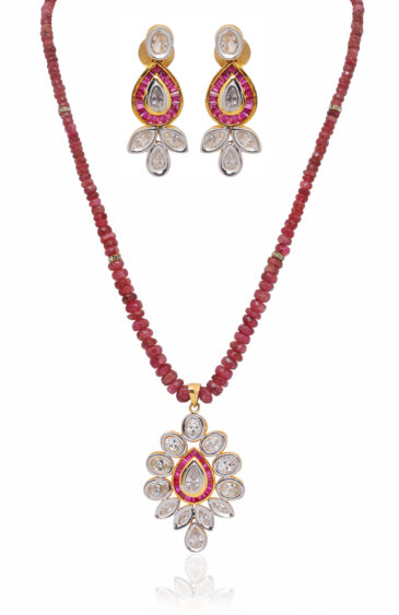 Pink Tourmaline & Simulated Diamond Studded Necklace & Earrings Set FN-1090