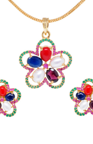 Stunning Multicolor-Stone Studded Flower Shaped Pendant & Earring Set FP-1090