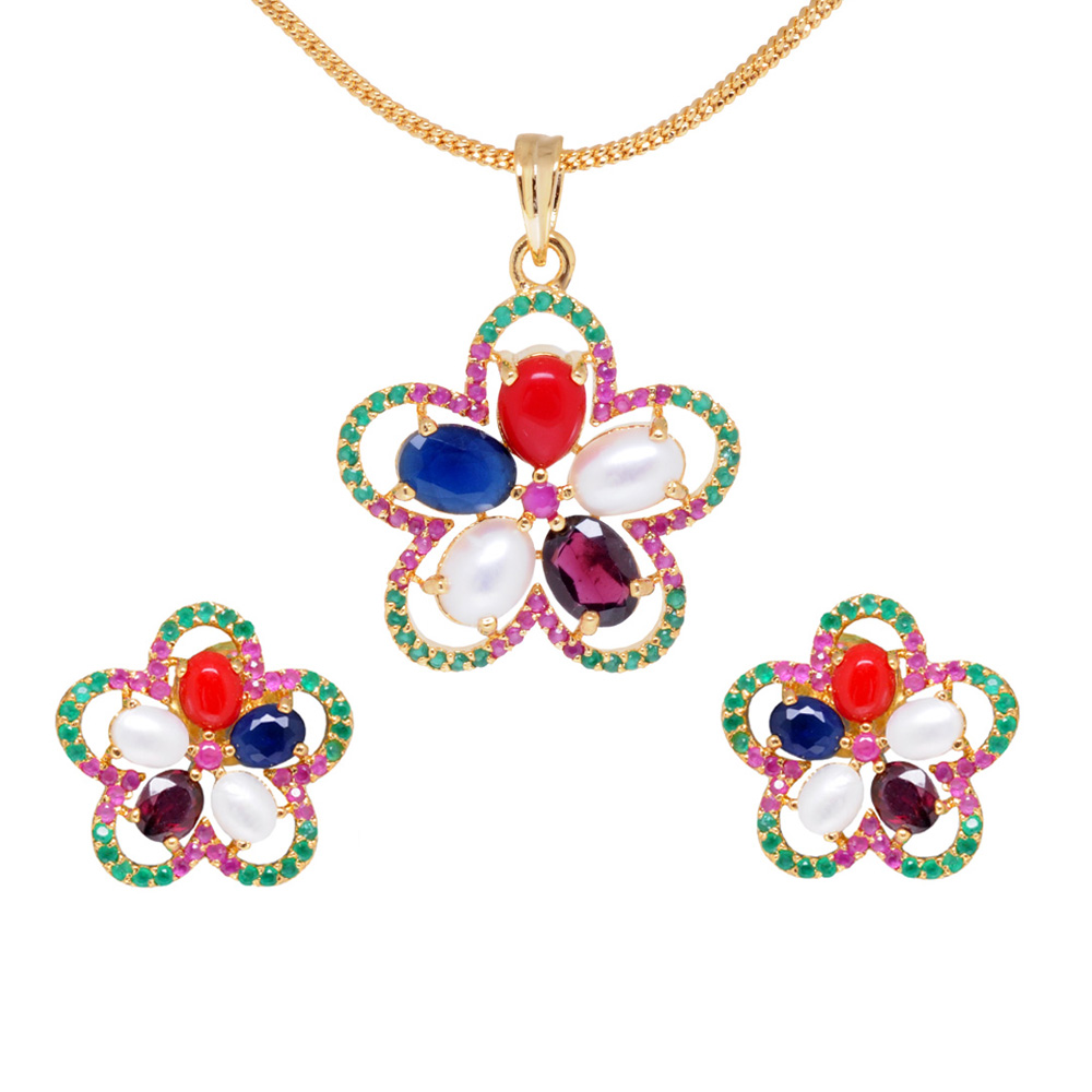 Stunning Multicolor-Stone Studded Flower Shaped Pendant & Earring Set FP-1090