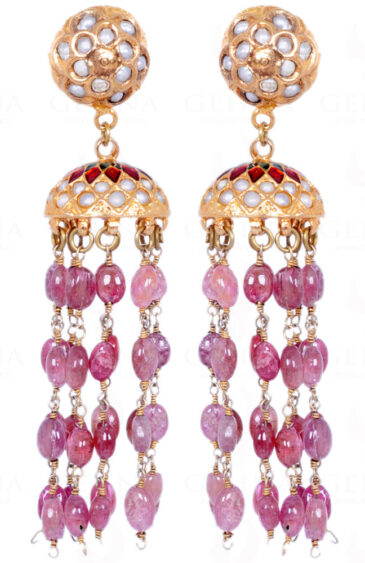 Pink Spinel Gemstone Bead With Pearl Studded Jhumki Style Earrings LE01-1090