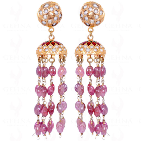 Pink Spinel Gemstone Bead With Pearl Studded Jhumki Style Earrings LE01-1090