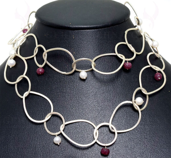 Pearls & Ruby Gemstone Faceted Bead Knotted In 32" Inches Silver Chain NM-1090