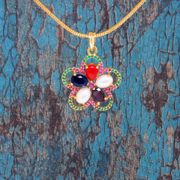 Stunning Multicolor-Stone Studded Flower Shaped Pendant & Earring Set FP-1090