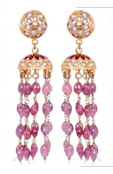 Pink Spinel Gemstone Bead With Pearl Studded Jhumki Style Earrings LE01-1090