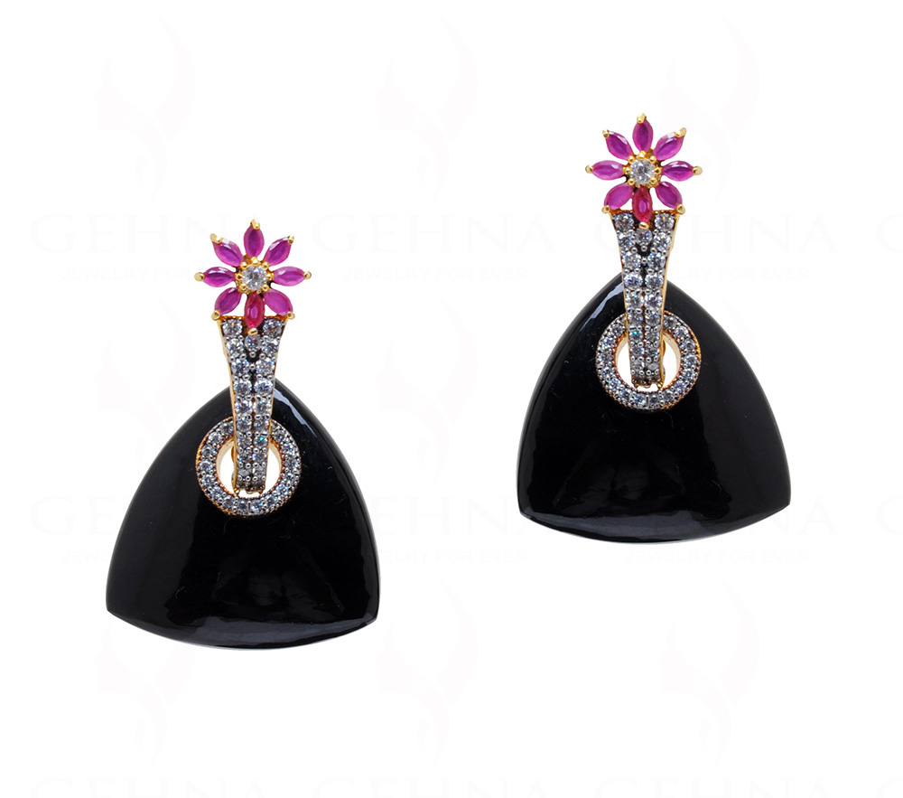 Ruby, Simulated Diamond & Black Onyx Studded Flower Shape Earrings FE-1091