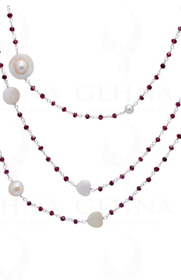 Pearl & Ruby Gemstone Bead Necklace Knotted In Chain In.925 Silver Cm1091