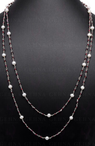 Pearl & Red Garnet Gemstone Chain Knotted In.925 Silver Overlay Cm1092
