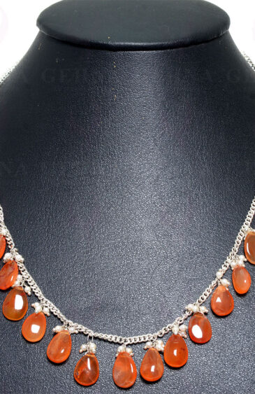 Pearls & Carnelian Almond Shape Drops Knotted Necklace In Silver Chain NM-1092