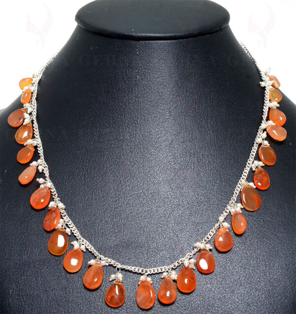 Pearls & Carnelian Almond Shape Drops Knotted Necklace In Silver Chain NM-1092