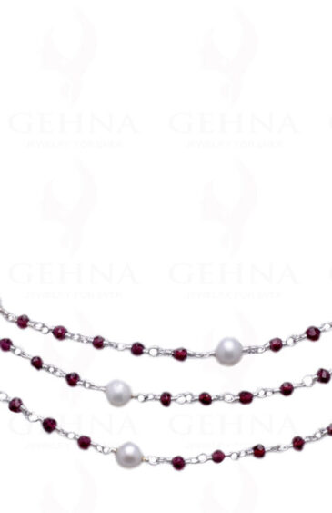Pearl & Red Garnet Gemstone Chain Knotted In.925 Silver Overlay Cm1092