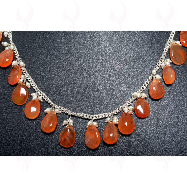 Pearls & Carnelian Almond Shape Drops Knotted Necklace In Silver Chain NM-1092