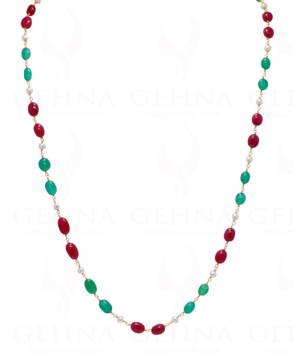 Pearl, Ruby & Emerald Oval Shaped Chain Knotted In.925 Sterling Silver Cm1093