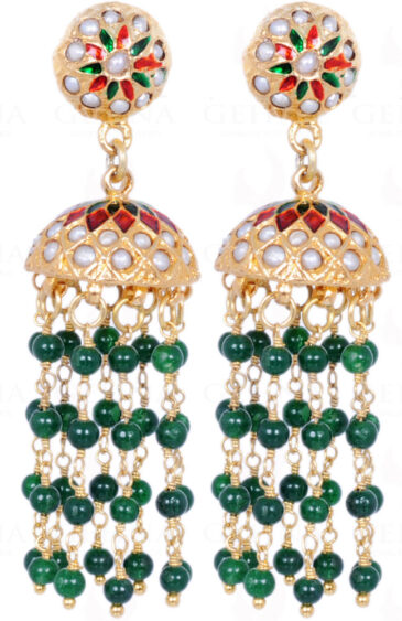 Emerald Gemstone Bead With Pearl Studded Jhumki Style Earrings LE01-1093