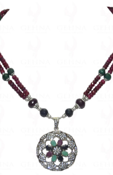 Ruby, Emerald & Sapphire Bead With .925 Sterling Silver Pendant NP-1093