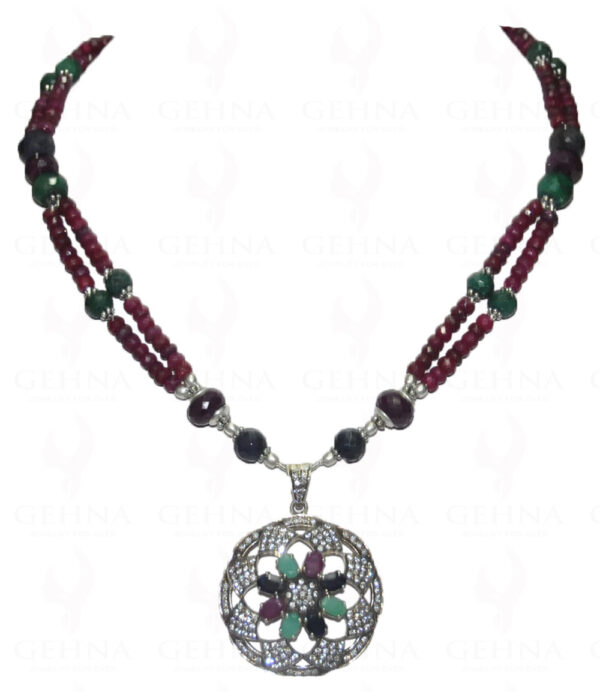 Ruby, Emerald & Sapphire Bead With .925 Sterling Silver Pendant NP-1093