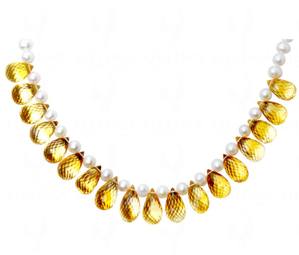 Pearl & Citrine Gemstone Faceted Briolette'S Knotted Necklace NM-1093