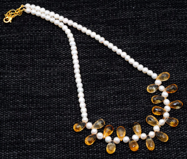 Pearl & Citrine Gemstone Faceted Briolette'S Knotted Necklace NM-1093