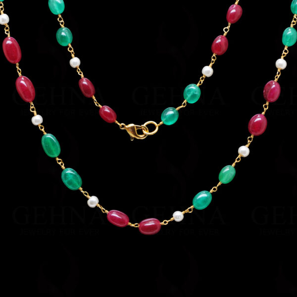 Pearl, Ruby & Emerald Oval Shaped Chain Knotted In.925 Sterling Silver Cm1093