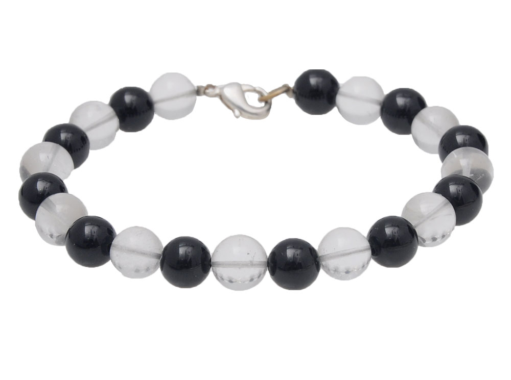 Black Onyx & Rock-Crystal Round Shaped Bead Bracelet BS-1094