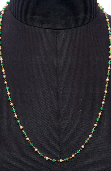 Pearl & Emerald Faceted Gemstone Chain Knotted In.925 Sterling Silver Cm1094