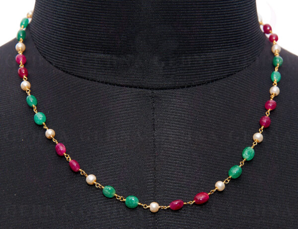 Pearl, Ruby & Emerald Oval Shaped Chain Knotted In.925 Sterling Silver Cm1095