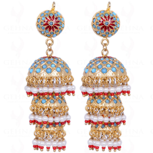 Pearl & Red Stone Bead With Turquoise Studded Jhumki Style Earrings LE01-1095