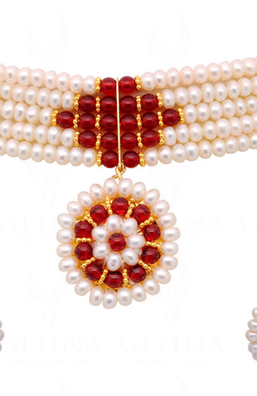 Pearl & Garnet Gemstone Bead Necklace With Pendant  NM-1095