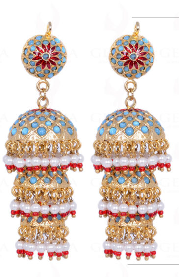 Pearl & Red Stone Bead With Turquoise Studded Jhumki Style Earrings LE01-1095