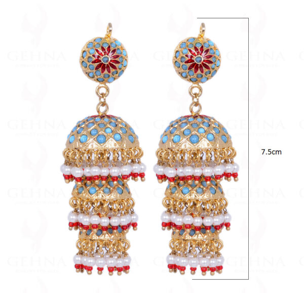 Pearl & Red Stone Bead With Turquoise Studded Jhumki Style Earrings LE01-1095