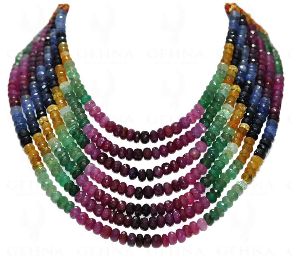 Blue Sapphire, Emerald & Ruby Gemstone Faceted Bead Rainbow Necklace NP-1096