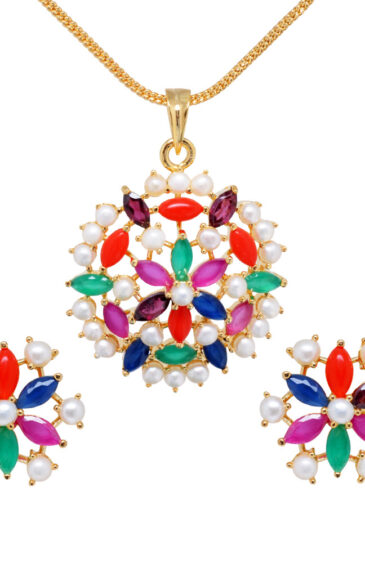 Stunning Pearl & Multicolorstone Studded Elegant Pendant & Earring Set FP-1097